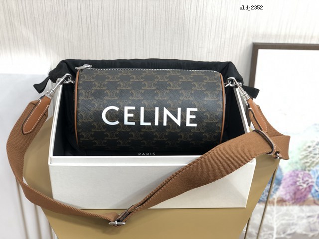Celine專櫃2022新款經典老花斜挎肩背圓筒包 賽琳標誌印花圓筒包 sldj2352