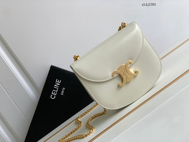 Celine專櫃2022新品TEEN BESACE TRIOMPHE鏈條亮澤牛皮革手袋 賽琳白色全皮凱旋門馬鞍包 sldj2393