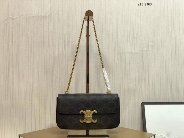 Celine專櫃2022新款小號TRIOMPHE CANVAS標誌印花鏈條包 賽琳凱旋門鎖扣金屬鏈條腋下包 sldj2400
