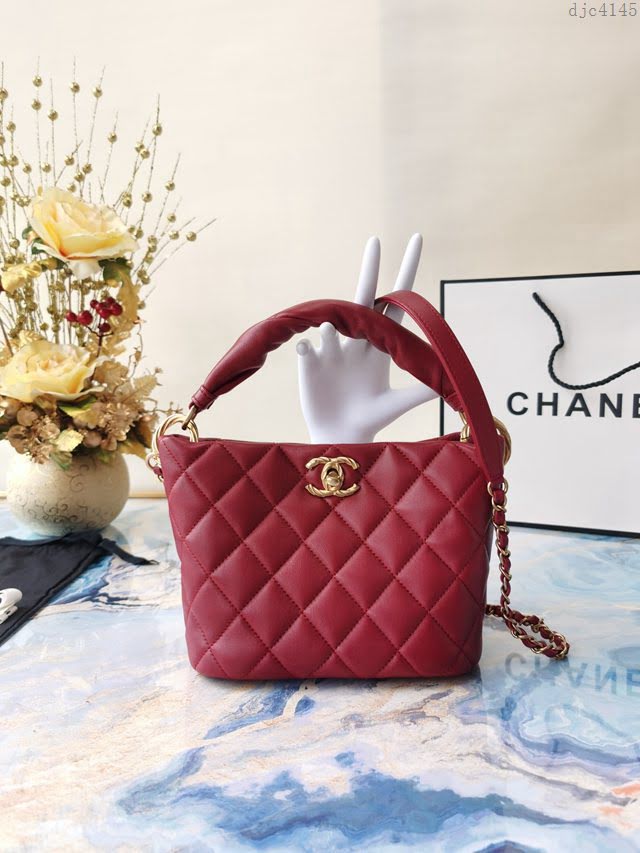 Chanel女包 香奈兒專櫃最新款羊皮金屬鏈條裝飾把柄桶包 Chanel手拎斜挎鏈條包  djc4145
