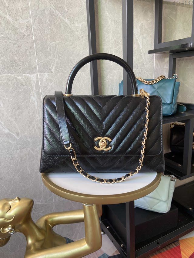 Chanel女包 香奈兒專櫃V格油臘皮配與油臘皮手柄口蓋包 Chanel單肩斜挎手提女包 92991  djc4182
