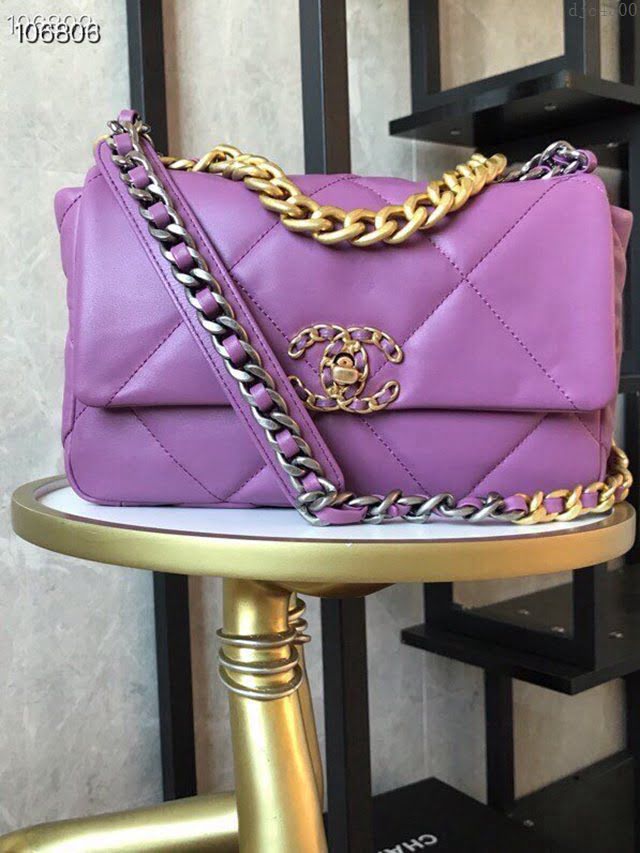 Chanel女包 香奈兒專櫃最新色款19口蓋包 Chanel經典紫色羊皮女包 AS1160  djc4300