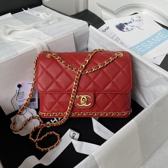 Chanel專櫃23K新款雙C山茶花log扣鏈條肩背女包 香奈兒AS4431黑金荔枝牛皮口蓋包 djc6510