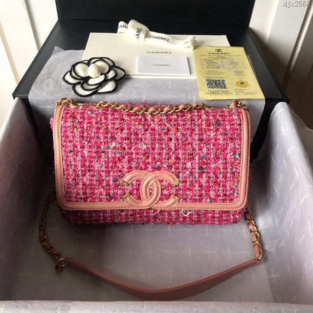 Chanel女包 19春夏粉色花呢 香奈兒大logo翻蓋包 香奈兒鏈條包 香奈爾單肩女包  djc2568