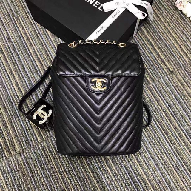 Chanel女包 A91123 新款v字條紋小羊皮時尚雙肩背包 香奈兒後背包 Chanel黑色女背包  djc2912