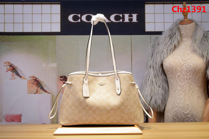 COACH蔻馳 原單 57842 PVC配頭層牛皮 經典百搭款 抽繩款戴妃包 手提斜挎包  Chz1391
