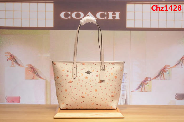 COACH蔻馳 F30058新款 拉鏈托特購物袋單肩包 十字紋頭層牛皮 星空圖案  Chz1428
