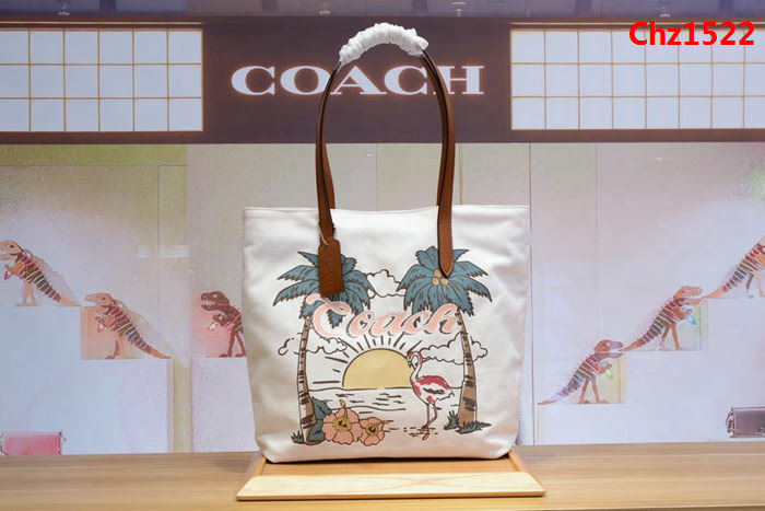 COACH蔻馳 女士新款 海灘椰子火烈鳥 帆布托特包 時尚單肩包 28077  Chz1522