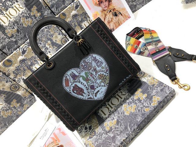 Dior女包 迪奧Lady Dior七格愛心手工縫製編織黑色手袋 Dior手提肩背斜挎包  dfk1824