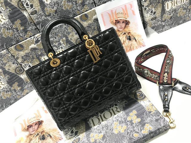 Dior女包 迪奧Lady Dior七格黑色油蠟皮藤格紋褶皺小牛皮戴妃包 Dior手提肩背斜挎包  dfk1825