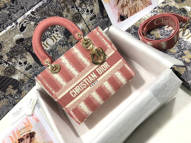 Dior女包 迪奧Lady D-Lite五格刺繡條紋粉色戴妃包 Dior手提肩背斜挎包  dfk1837