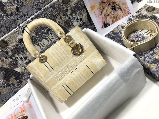 Dior女包 迪奧Lady D-Lite五格刺繡條紋杏色戴妃包 Dior手提肩背斜挎包  dfk1838