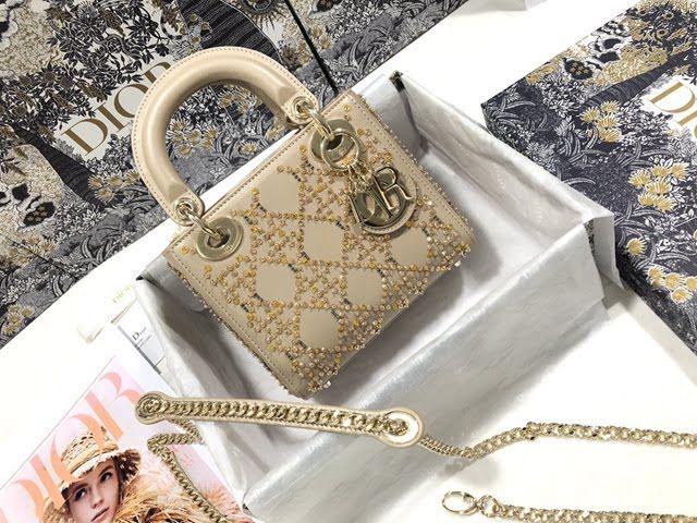 Dior女包 迪奧Lady Dior三格刺繡金色珠子燙鑽戴妃包 Dior手提肩背斜挎包  dfk1849