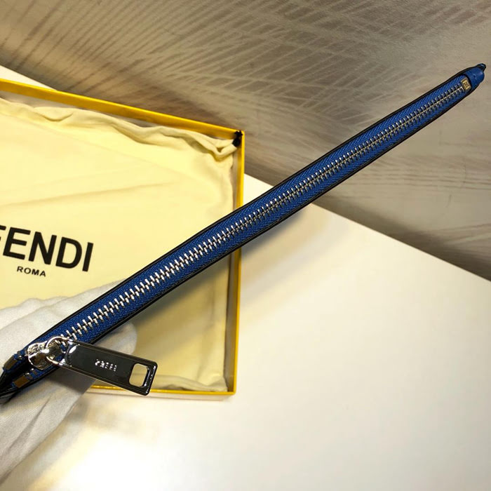 FENDI芬迪 頂級原單 藍色小牛皮 FF印花圖案 拉鏈手拿包 0078m40  fd1609
