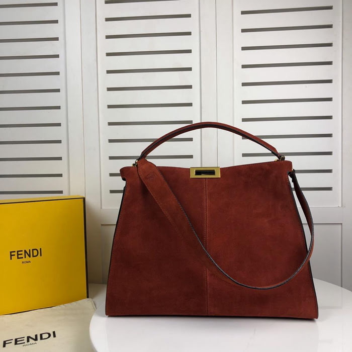FENDI芬迪 磨砂牛皮 紅棕色 大型手提包 可手提肩背  fd1817