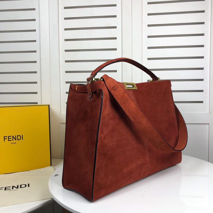 FENDI芬迪 磨砂牛皮 紅棕色 大型手提包 可手提肩背  fd1817