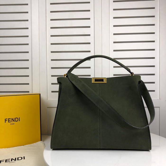 FENDI芬迪 磨砂牛皮 麻葉綠色 大型手提包 可手提肩背  fd1818