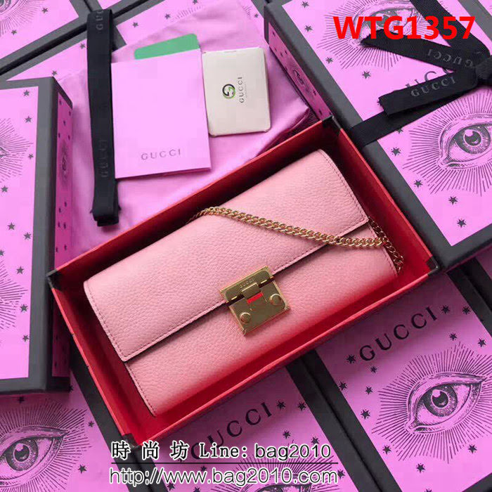 GUCCI古馳 歐洲正品原單 padlock系列 最新二折款 爆款鏈條皮夾 453506 櫻花粉摔紋全皮 WTG1357