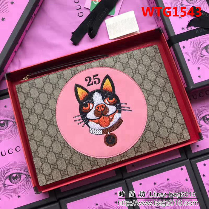 GUCCI古馳 歐洲正品原單 2018早春新款 狗頭刺繡限量版 萌萌手包 506280 粉狗pvc紅皮 WTG1543