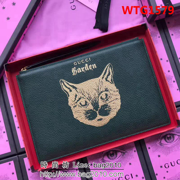 GUCCI古馳 歐洲正品原單 2018最新款 博物館限量版系列 手包貓頭系列 男女通用款 516928 墨綠貓頭全皮 WTG1579