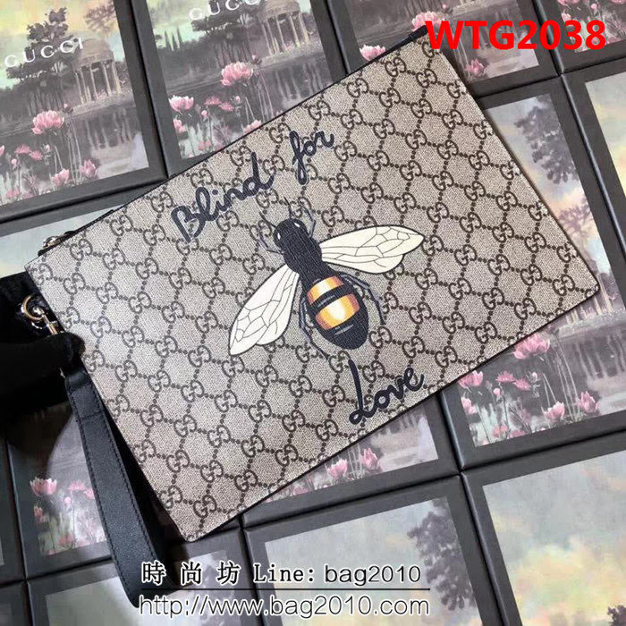 GUCCI古馳 升級版 G家原單 印花裝飾 纖薄手拿包 473904 啡蜜蜂PVC WTG2038