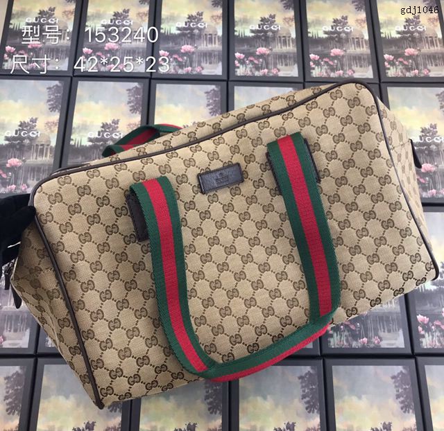 Gucci包 古馳2020新款 火爆款布配皮專櫃同款旅行袋 Gucci手提包 153240啡色  gdj1046