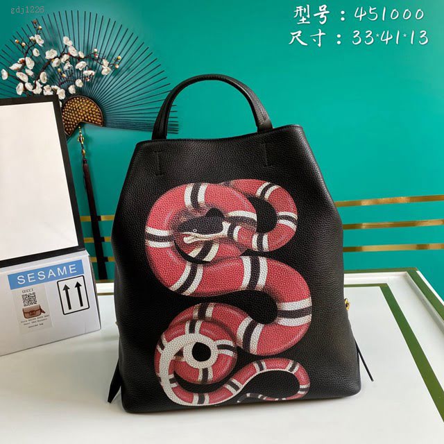 Gucci古馳包包 G家新款雙肩包 款號:451000 古奇黑色全皮印花蛇男士手提後背包  gdj1226