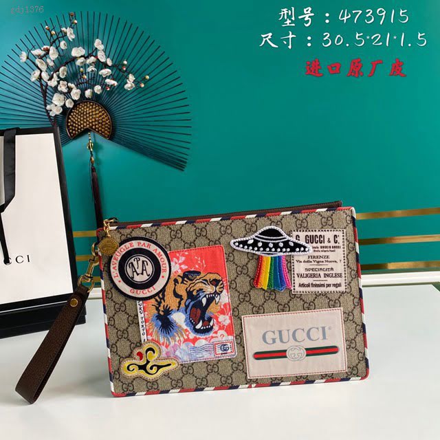 Gucci古馳包包 G家新款手包 晶片版 473915 古奇新款啡繡絲印男士手拿包 gdj1376