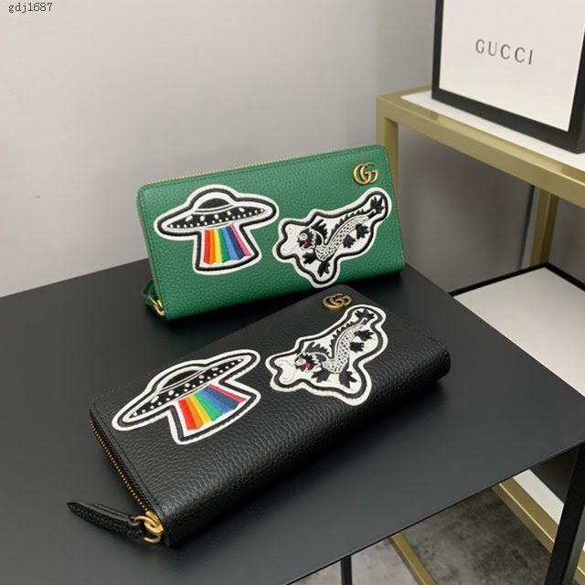 Gucci顶级男女包包 古驰飞碟刺绣贴花拉链款钱包 Gucci长夹钱包 474584  gdj1687