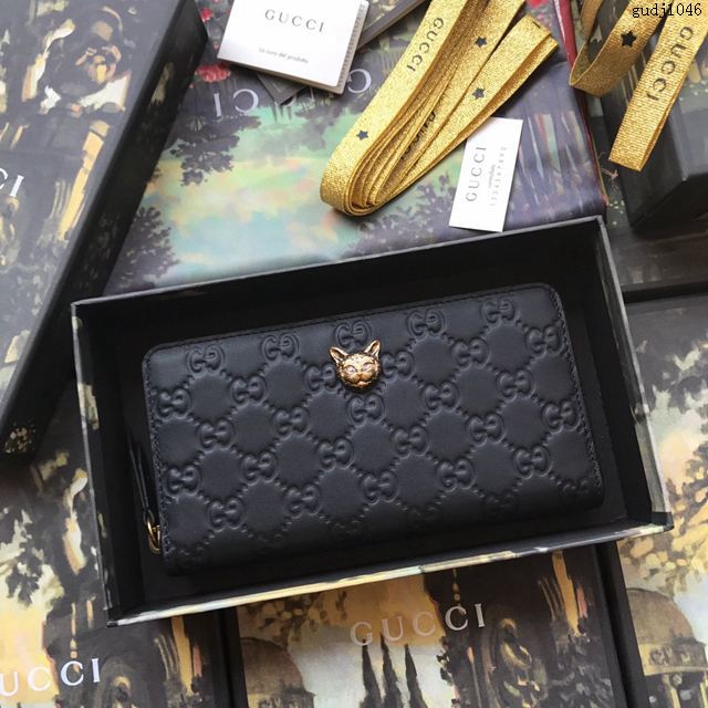 Gucci包 古馳錢包 548058黑全皮 2019早春新款 Signature系列貓頭五金卡包 Gucci長錢包  gudj1046