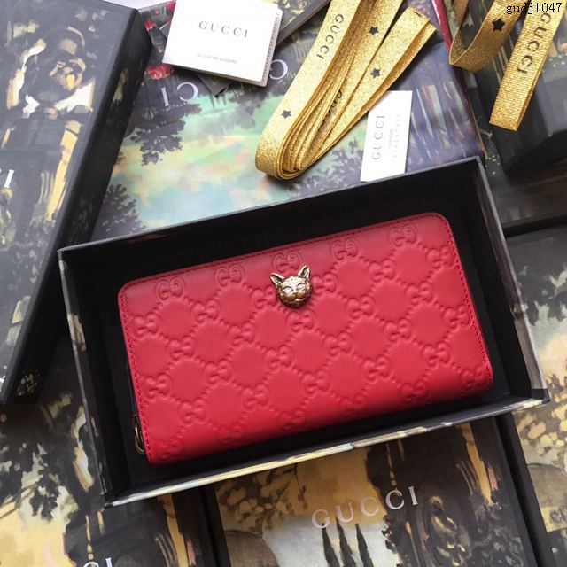 Gucci包 古馳錢包 548058大紅全皮 2019早春新款 Signature系列貓頭五金卡包 Gucci長錢包  gudj1047