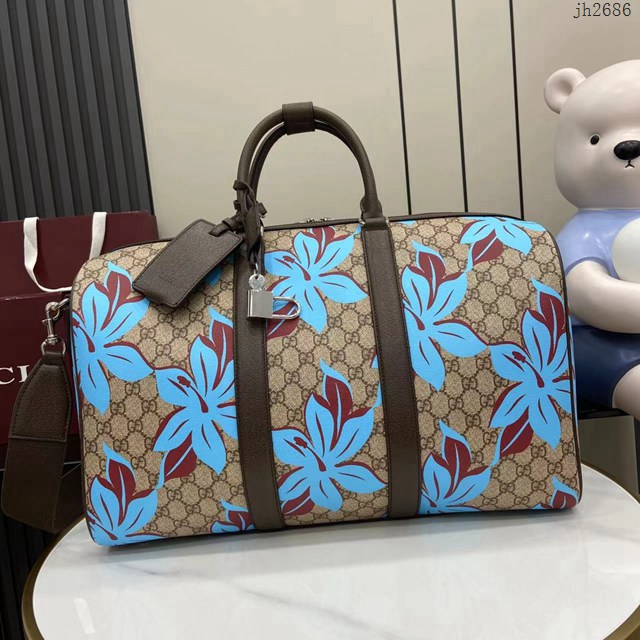 Gucci專櫃古馳2025早秋系列最新款花卉印花男女款手提旅行包旅行袋 jh2686型號：792074