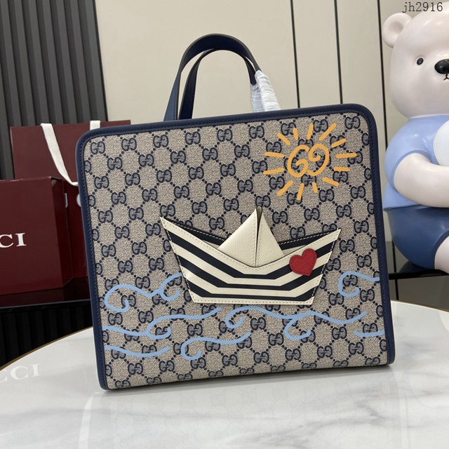 Gucci專櫃古馳2025早春兒童系列最新款動物印花手提托特包 jh2916型號：814043
