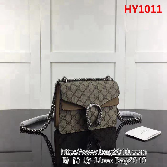 GUCCI古馳原單 新款專櫃品質 原單貨 實物實拍 421970 啡pvc配卡其 鏈條單肩斜挎包 HY1011