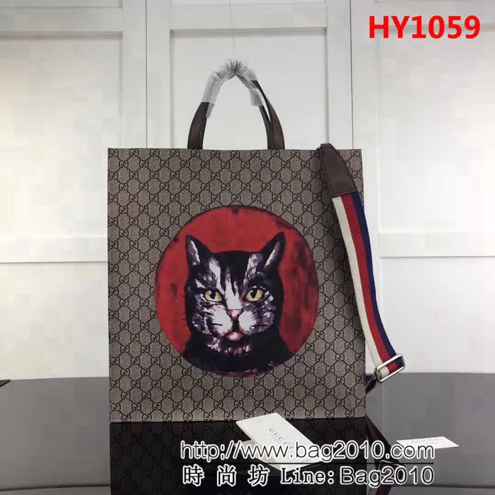 GUCCI古馳原單 新款專櫃品質原單貨實物實拍 450950啡pvc啡皮 絲印貓 手提購物包 HY1059