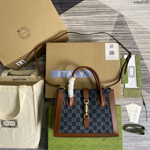 Gucci2021新顏色女包 古馳Jackie1961系列交織字母元素托特包 Gucci牛仔布手提肩背包 649016  ydg3187