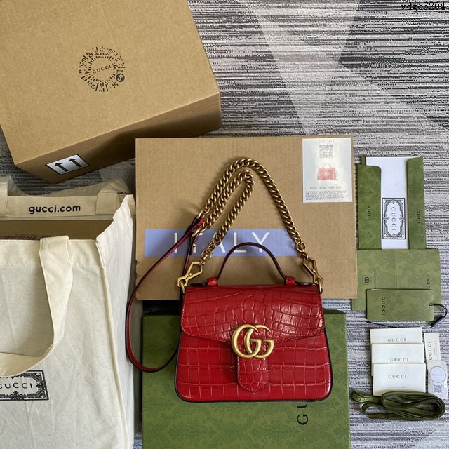 Gucci新款女包 古馳雙G銜縫迷你手提單肩斜挎鏈條包 Gucci鱷魚紋牛皮GG Marmont郵差包系列女包 547260  ydg3204