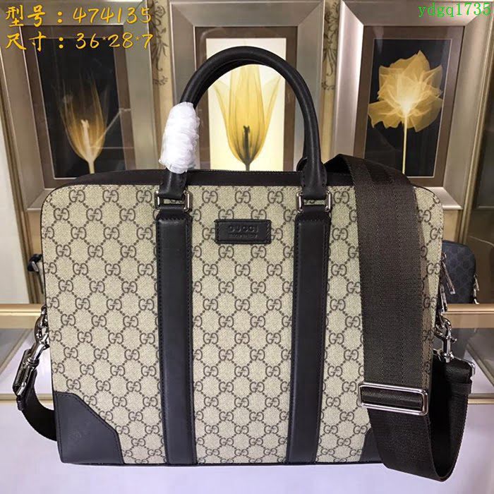 GUCCI 古馳男包 新款 474135 GG Supreme高級人造帆布 Gucci男手提包 Gucci公事包 灰白色