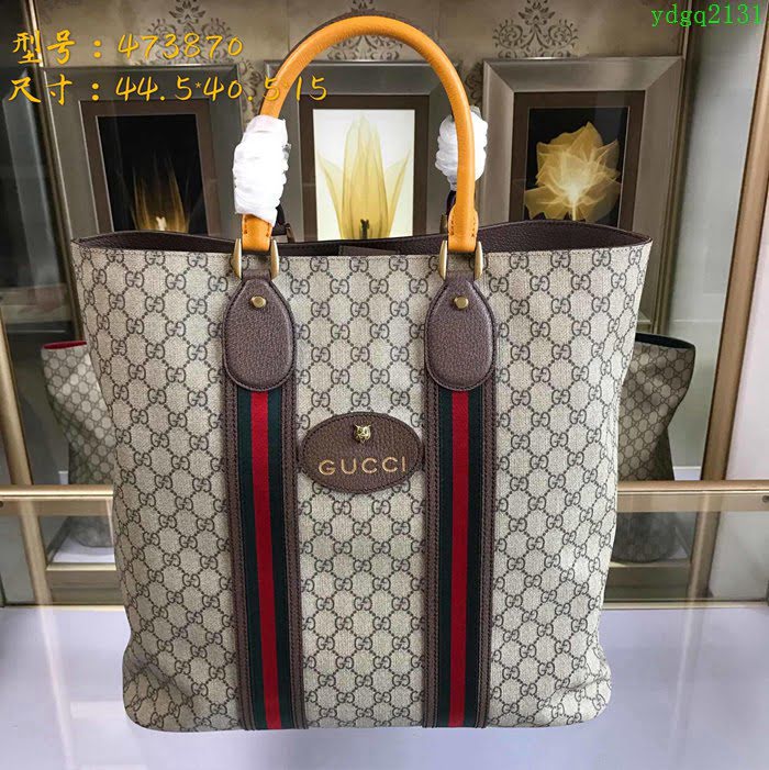 GUCCI 古馳男包 新款 473870 GG Supreme高級人造帆布 黑色紅色織帶裝飾 購物袋