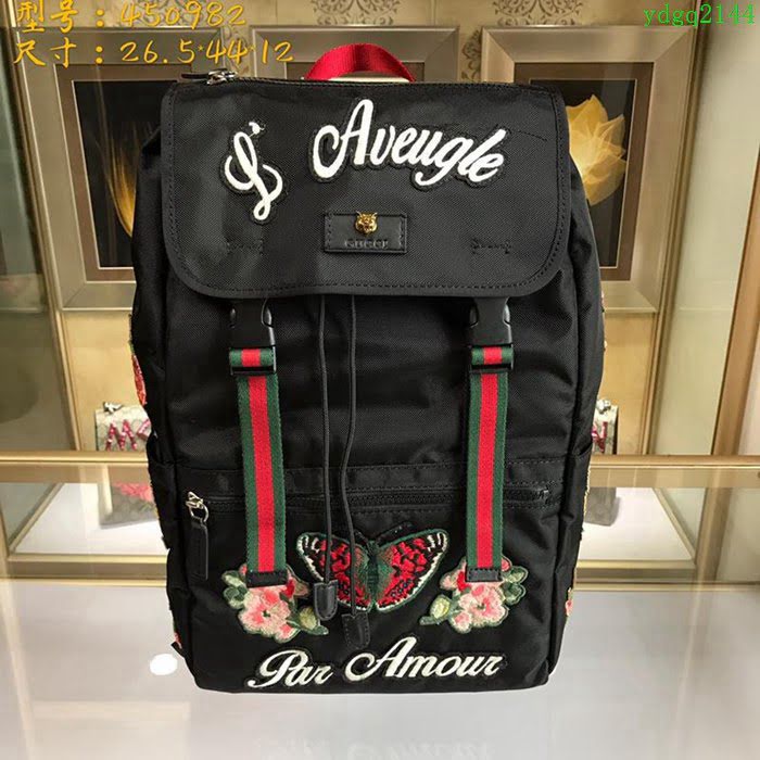 GUCCI 古馳男包 新款 450982 刺繡裝飾 古馳雙肩背包 黑色 GUCCI男背包