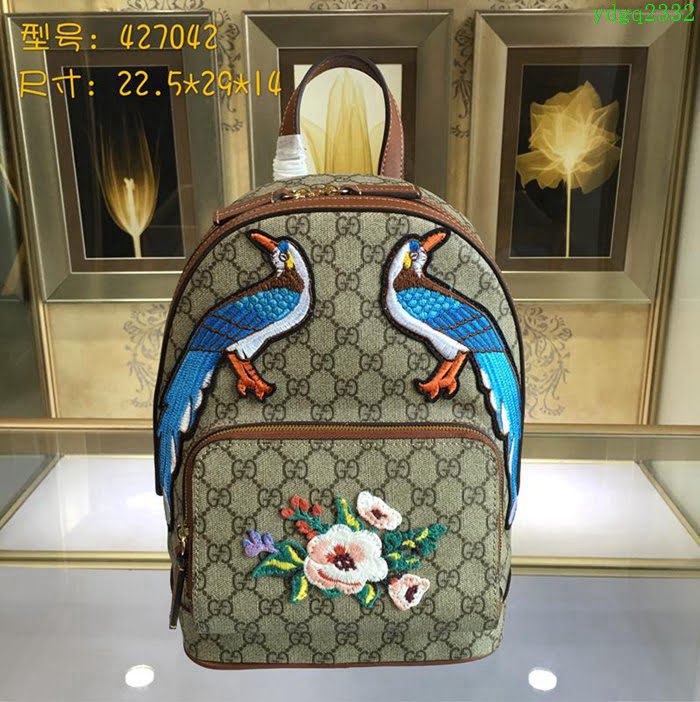 GUCCI 古馳女包 新款 427042 pvc刺繡 古奇奢侈品女包 花鳥印花圖案 雙肩包 女款背包