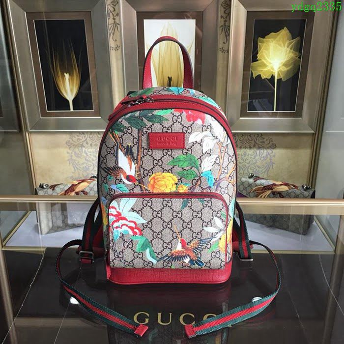 GUCCI 古馳女包 新款 427042 pvc刺繡 古奇奢侈品女包 花鳥印花圖案 雙肩包 女款背包
