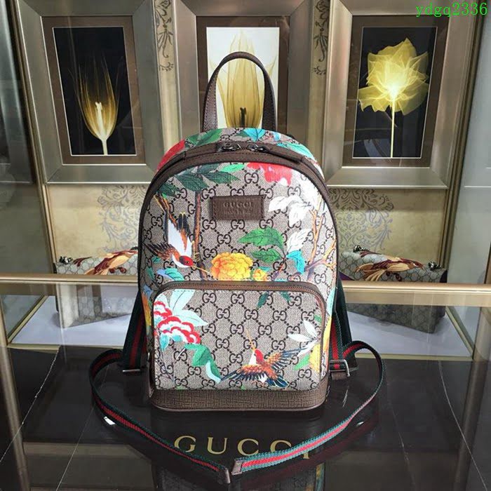 GUCCI 古馳女包 新款 427042 pvc刺繡 古奇奢侈品女包 花鳥印花圖案 雙肩包 女款背包