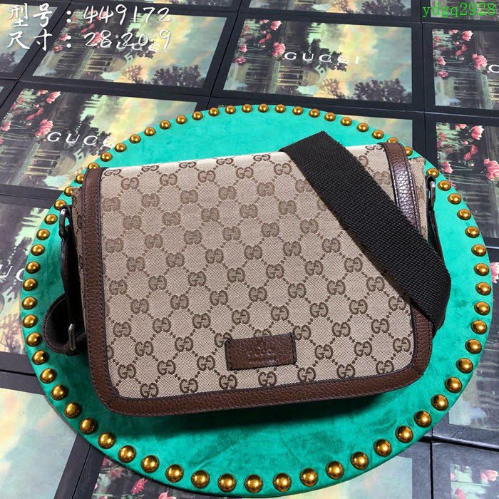 GUCCI 古馳男包 新款 449174 啡布 男女通用款 棕色帆布 Gucci單肩斜挎包