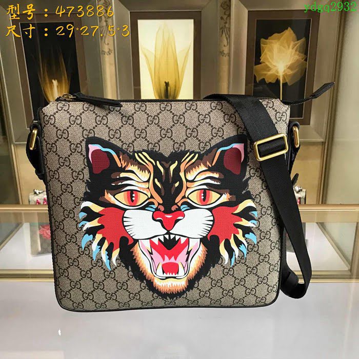 GUCCI 古馳男包 新款 473886 pvc刺繡 虎頭圖案 高級人造革 Gucci男士單肩斜挎包