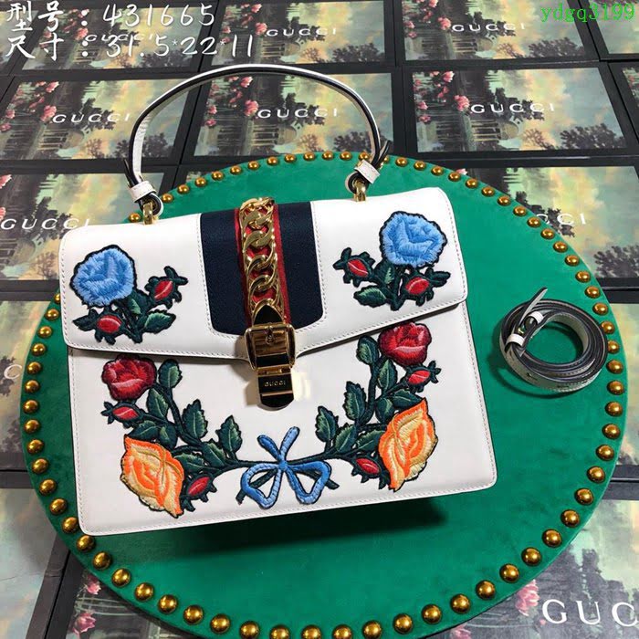 GUCCI古馳女包 新款 專櫃品質 431665 進口牛皮 原廠五金 米白繡花 Gucci手提包 古馳斜挎包  ydgq3199