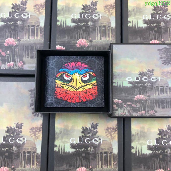 GUCCI古馳 新款 451268 專櫃同步 原單品質 中央裝飾印花 黑PVC鷹頭 雙折皮夾  ydgq3272