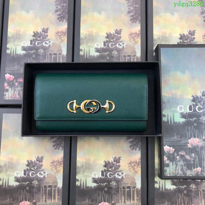 GUCCI古馳錢包 2019新款 Zumi系列 粒面皮革 互扣式G馬銜扣 女款翻蓋長錢包 573612 綠色  ydgq3280