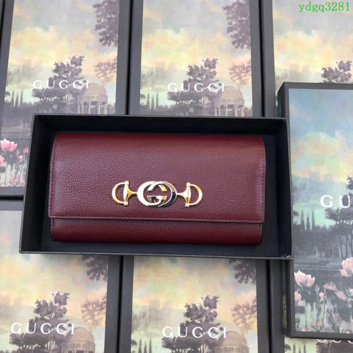 GUCCI古馳錢包 2019新款 Zumi系列 粒面皮革 互扣式G馬銜扣 女款翻蓋長錢包 573612 棗紅  ydgq3281