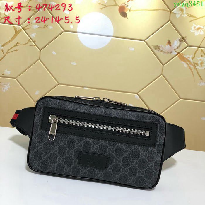 GUCCI古馳 新款 474293 專櫃男士新款腰包 義大利GG PVC面料配小牛皮 GUCCI胸包 pvc/黑色  ydgq3451